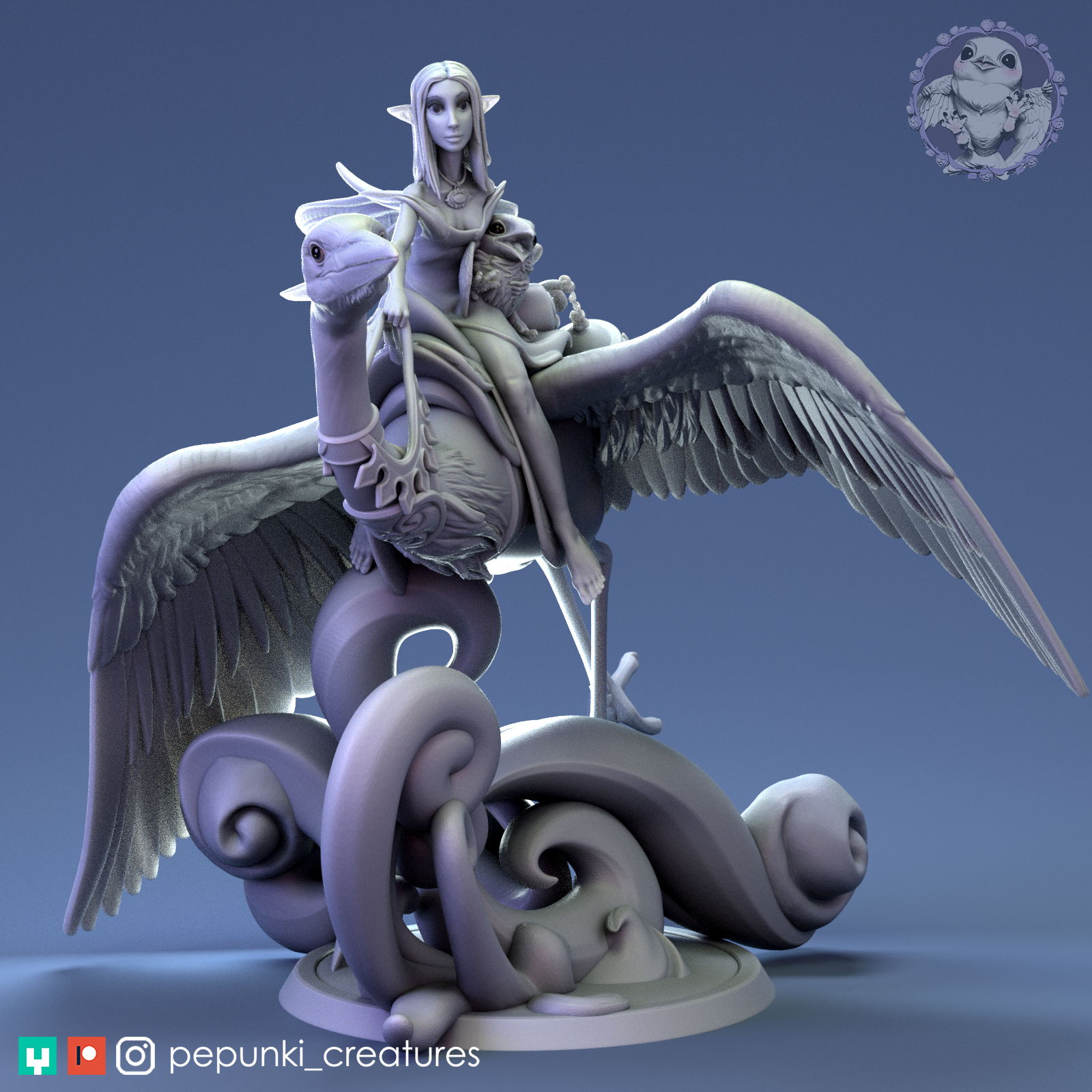 Heron Rider display scale miniature by Tattles Told 3D, featuring a detailed Pepunki creature for D&D TTRPG gaming.