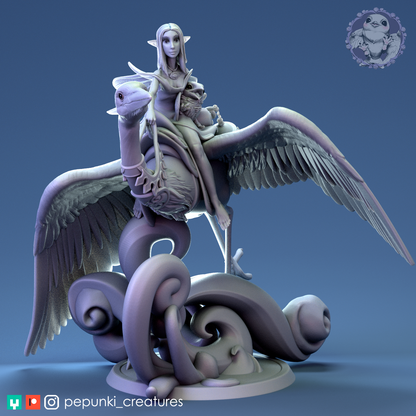 Heron Rider display scale miniature by Tattles Told 3D, featuring a detailed Pepunki creature for D&D TTRPG gaming.