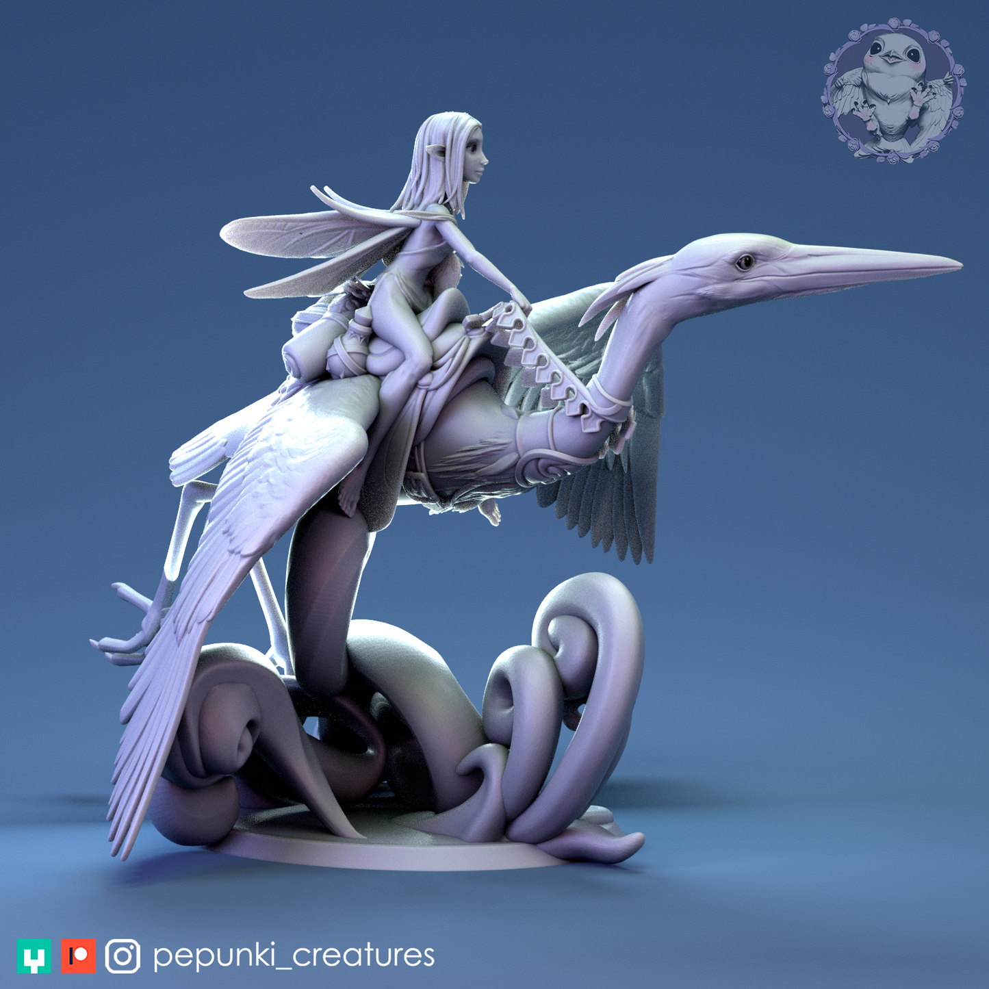 Heron Rider display scale miniature from Tattles Told 3D, part of Pepunki Creatures and Aradia Minis for D&D TTRPG games.