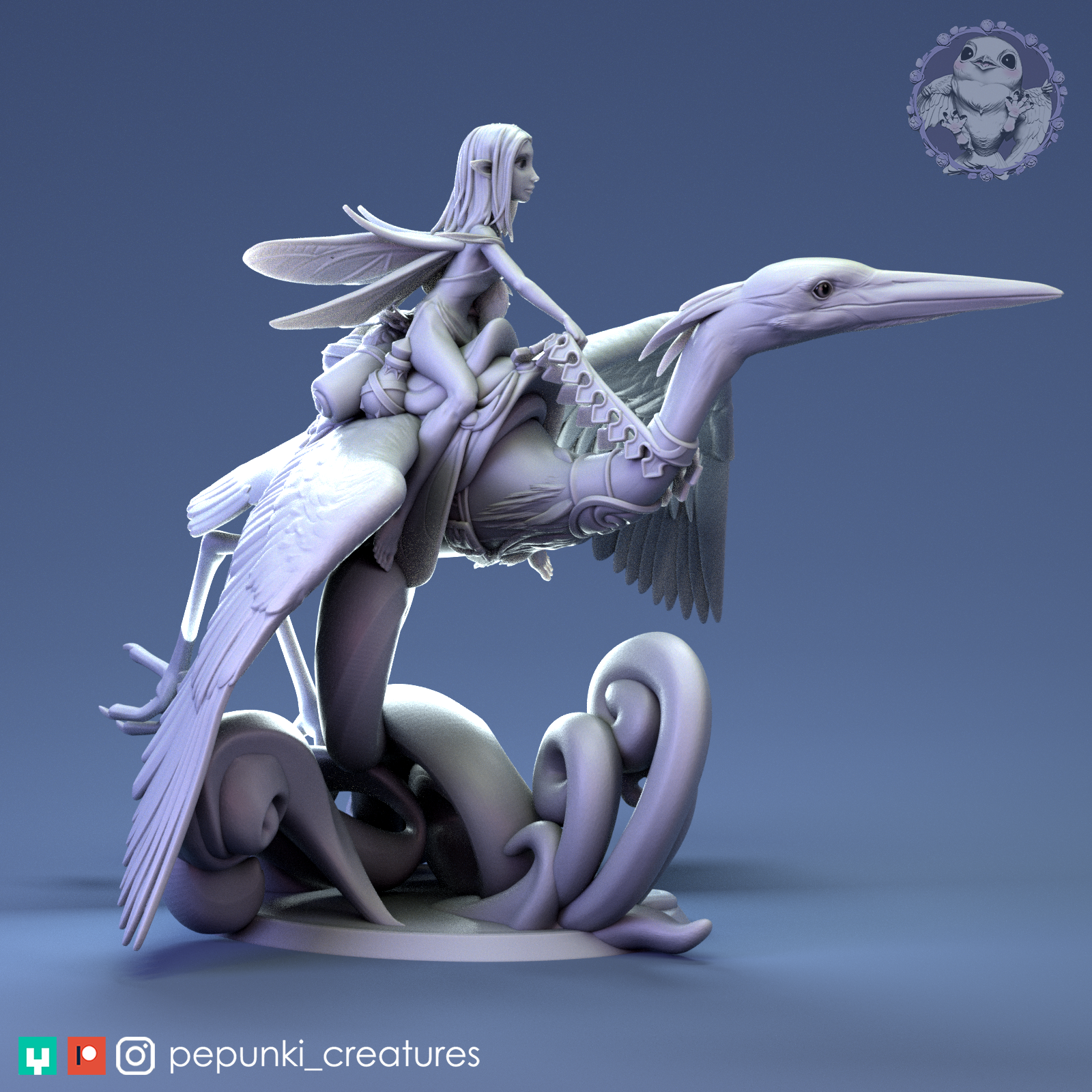 Heron Rider display scale miniature from Tattles Told 3D, part of Pepunki Creatures and Aradia Minis for D&D TTRPG games.