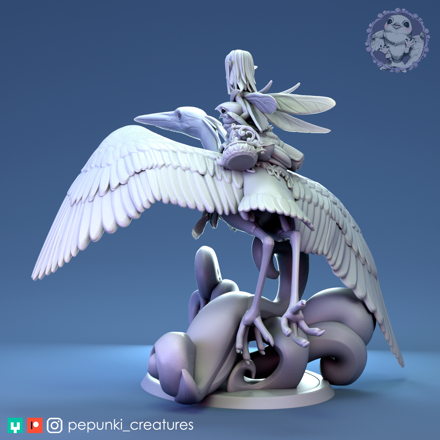 Heron Rider Tattles Told 3D miniature from Pepunki Creatures and Aradia Minis for D&D TTRPG gameplay, detailed display scale figure.