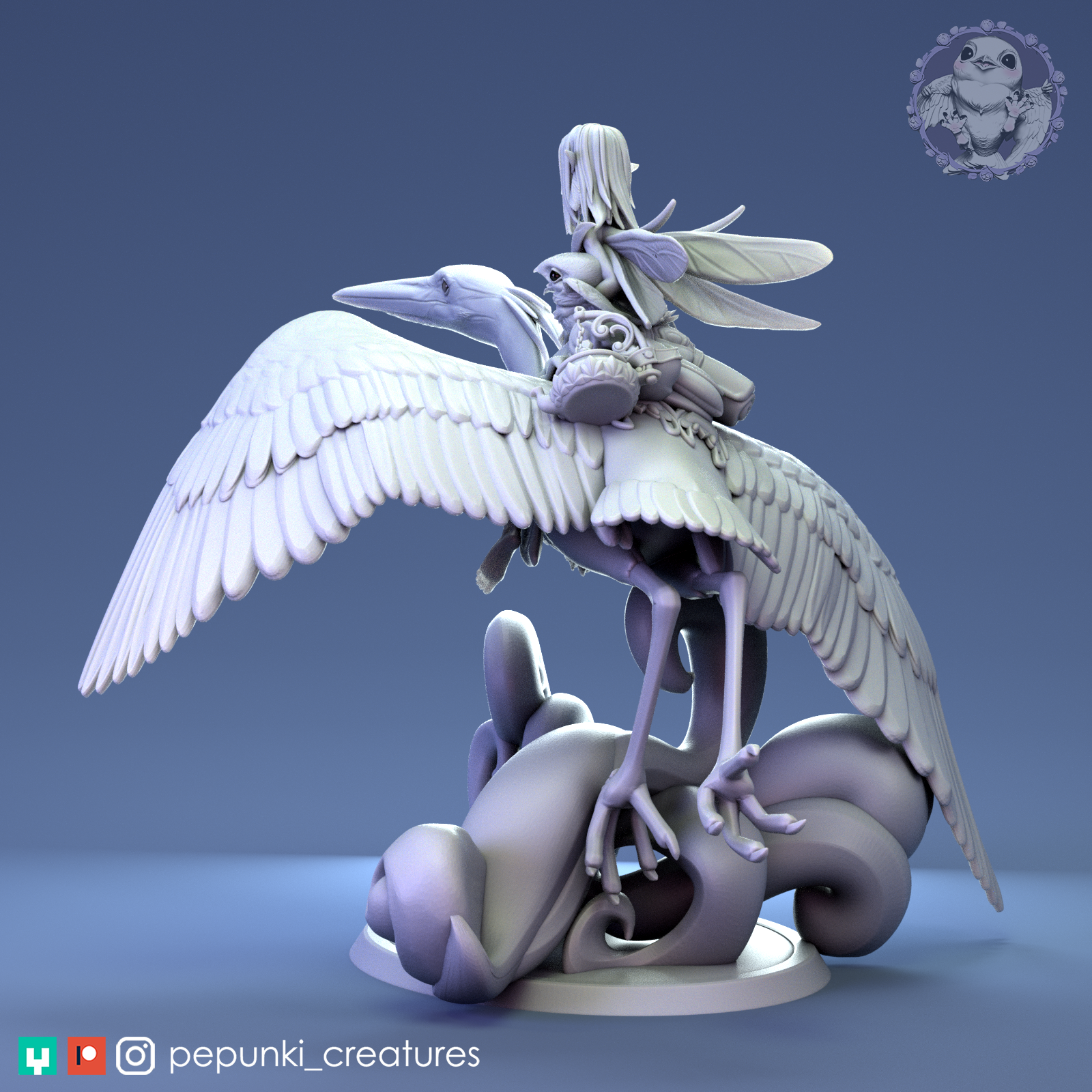 Heron Rider Tattles Told 3D miniature from Pepunki Creatures and Aradia Minis for D&D TTRPG gameplay, detailed display scale figure.