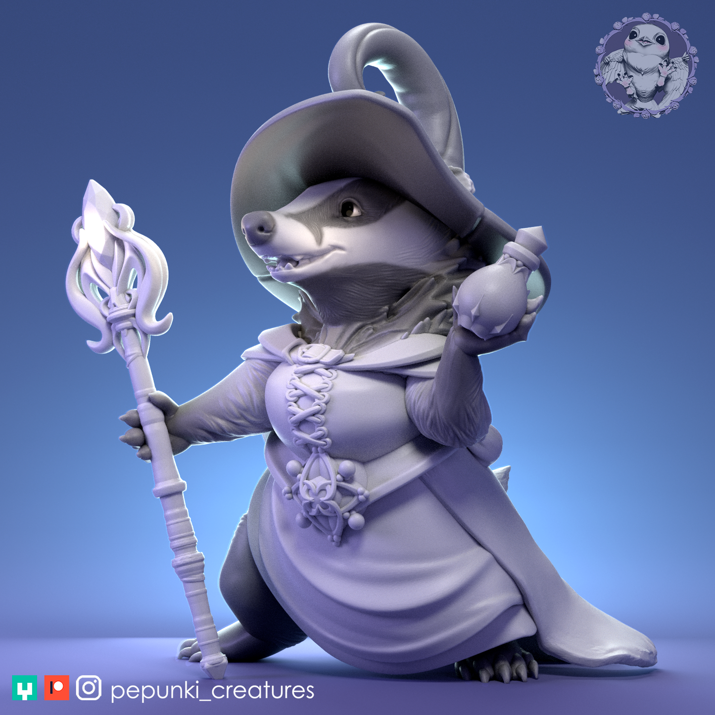 Lady Badger | Tabletop or Display Scale | D&D Humblewood TTRPG Miniature | Pepunki Creatures