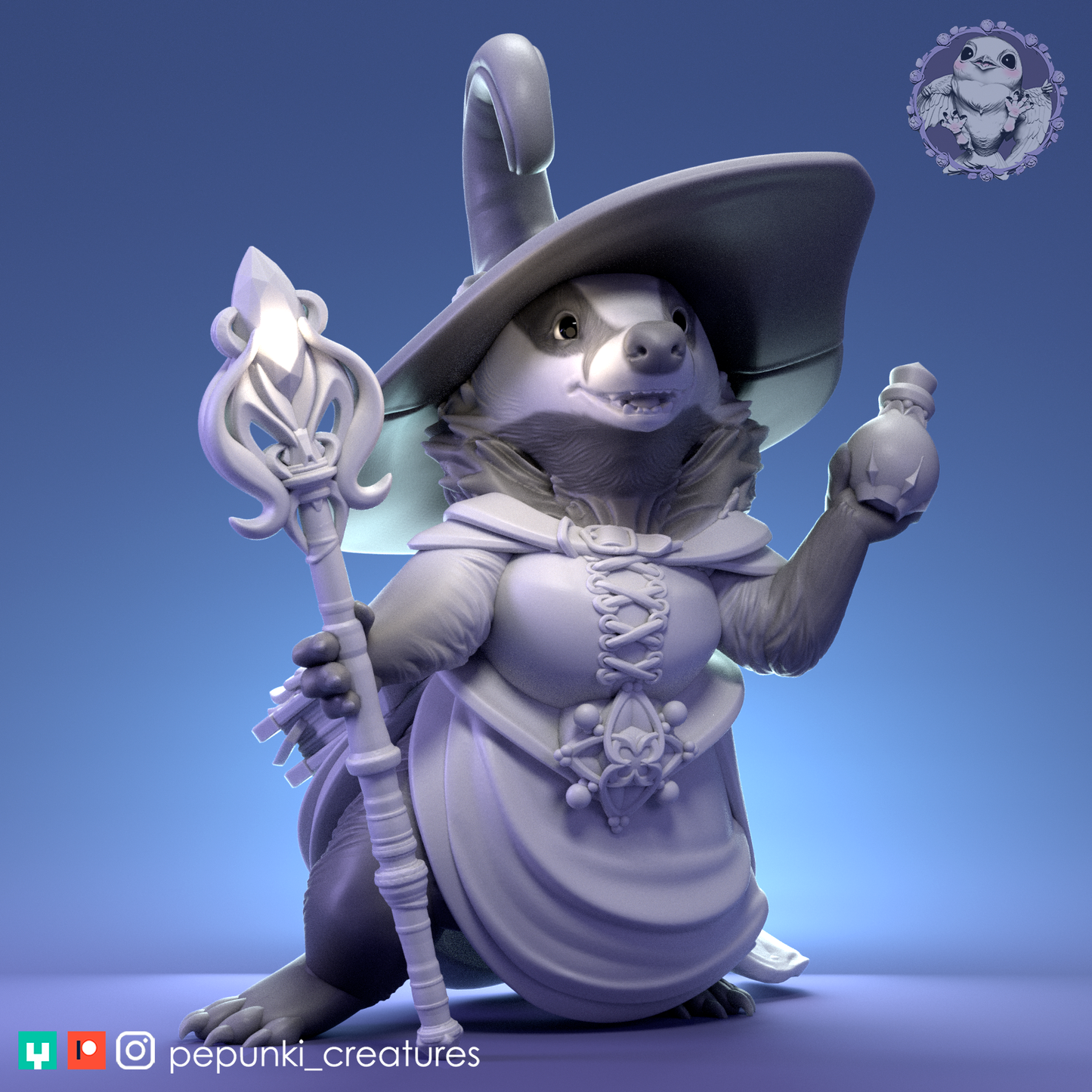 Lady Badger | Tabletop or Display Scale | D&D Humblewood TTRPG Miniature | Pepunki Creatures