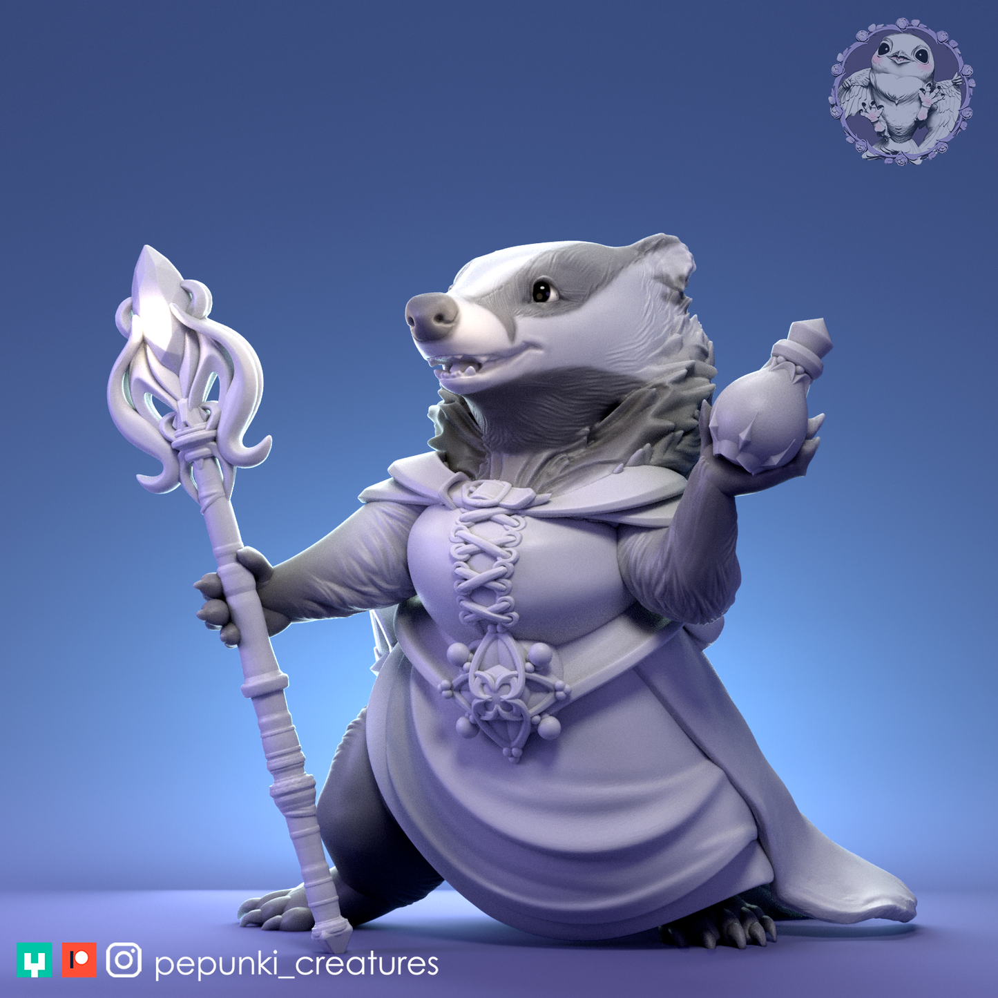 Lady Badger | Tabletop or Display Scale | D&D Humblewood TTRPG Miniature | Pepunki Creatures