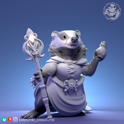 Lady Badger | Tabletop or Display Scale | D&D Humblewood TTRPG Miniature | Pepunki Creatures