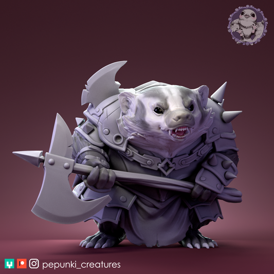 Warrior Badger | Tabletop or Display Scale | D&D Humblewood TTRPG Miniature | Pepunki Creatures