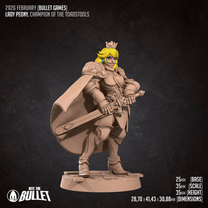 Detailed image of Lady Peony D&D TTRPG miniature by Tattles Told 3D, showcasing her intricate design and vibrant details.