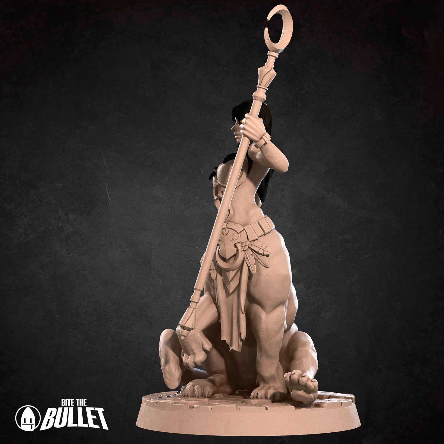 Exxotic Lamia resin miniature by Tattles Told 3D, tabletop gaming scale, featuring a pinup-inspired lamia with detailed design.