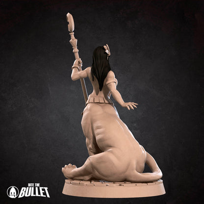 Exxotic Lamia resin miniature by Tattles Told 3D, tabletop gaming scale, featuring a pinup-inspired lamia figure with detailed design.
