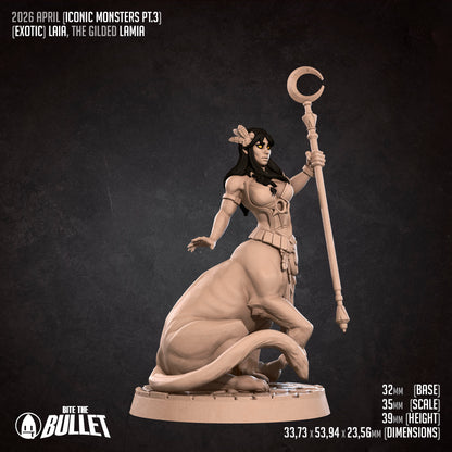 Exxotic Lamia tabletop resin miniature by Tattles Told 3D, featuring a pinup-style lamia figure in detailed scale modeling.