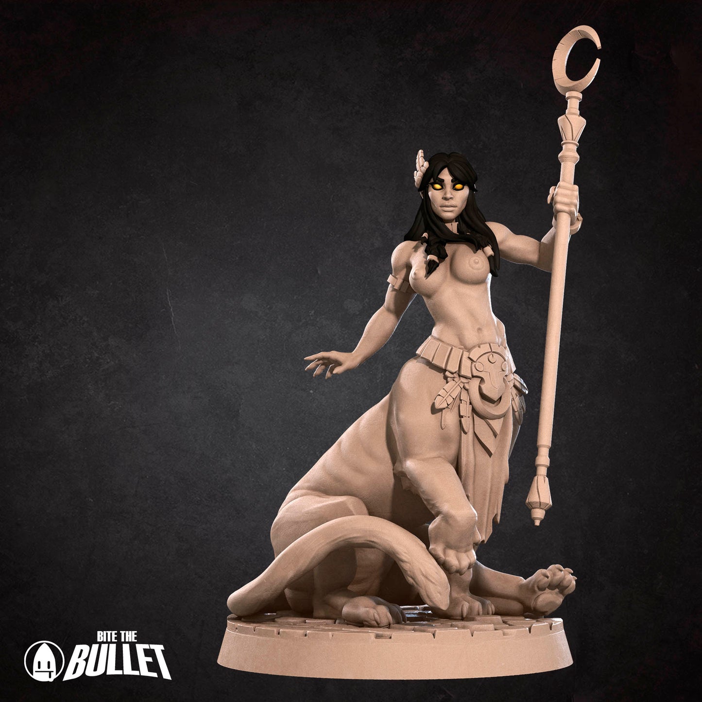 Exxotic Lamia resin miniature by Tattles Told 3D, tabletop gaming scale, featuring a pinup-style lamia in various poses.