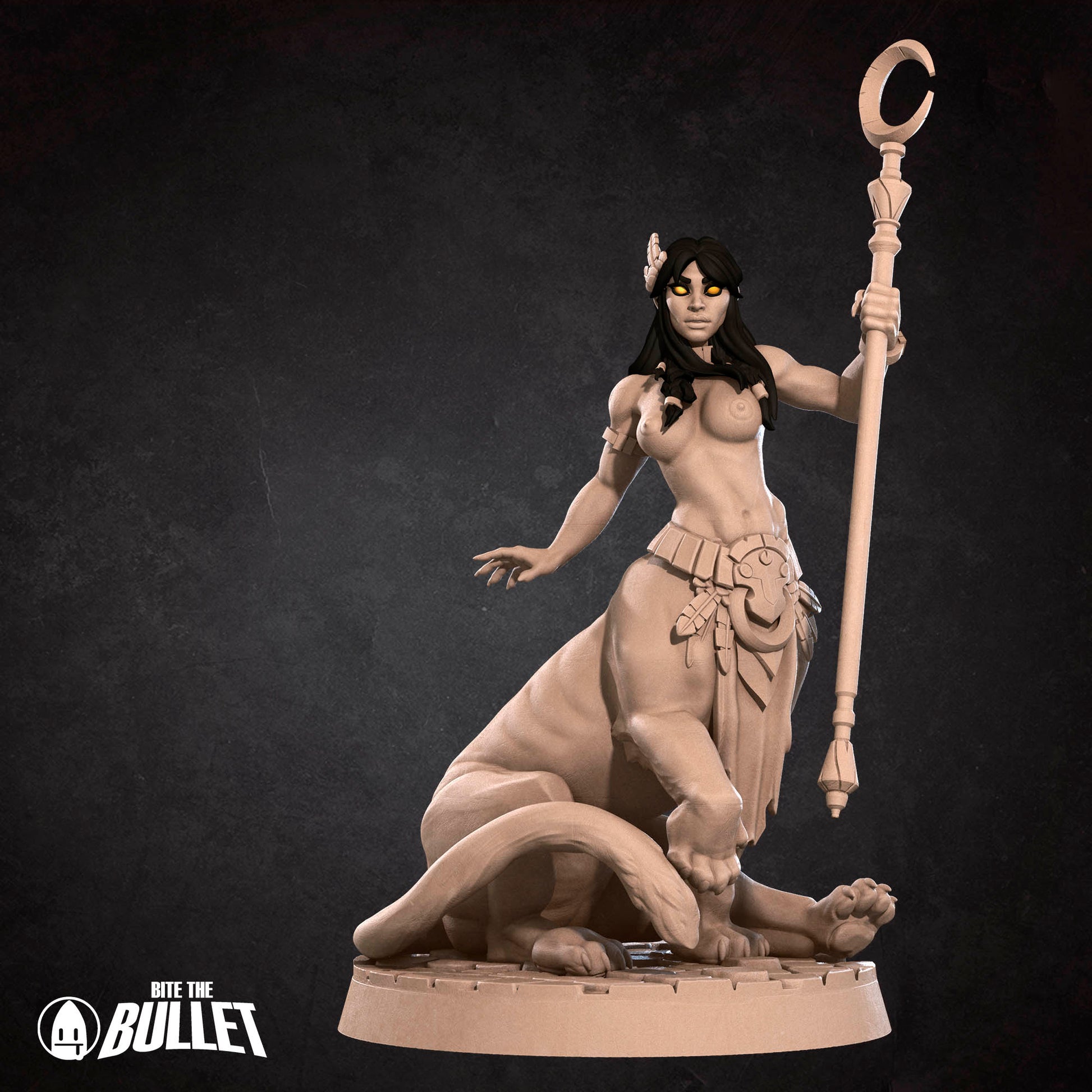 Exxotic Lamia resin miniature by Tattles Told 3D, tabletop gaming scale, featuring a pinup-style lamia in various poses.