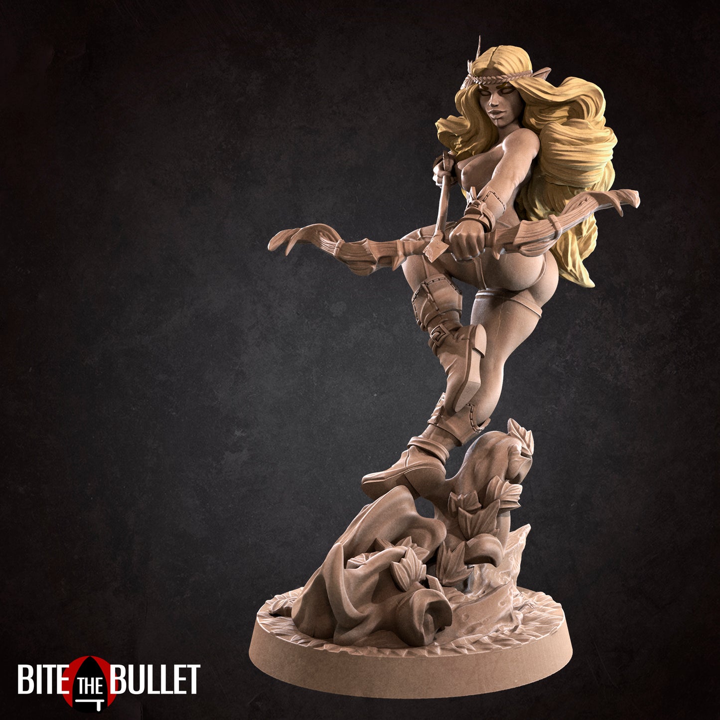 Lenore, Pinup SFW NSFW Lovely Elf Woman, Curly-Haired Amazon with Bow and Arrow | D&D Miniature Pinup | Bite the Bullet - Tattles Told 3D