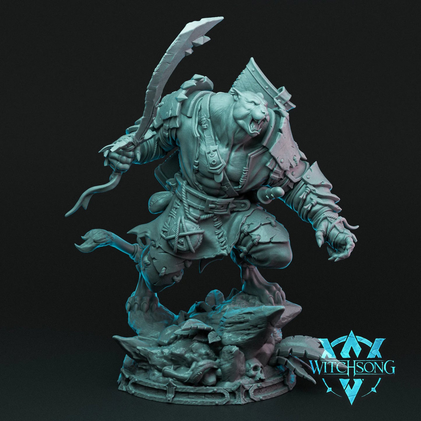 Fantasy figurine with a weapon on a dark background, featuring the brand 'Witchesong'.