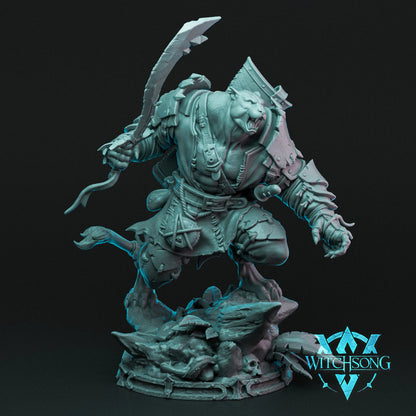 Fantasy figurine with a weapon on a dark background, featuring the brand 'Witchesong'.