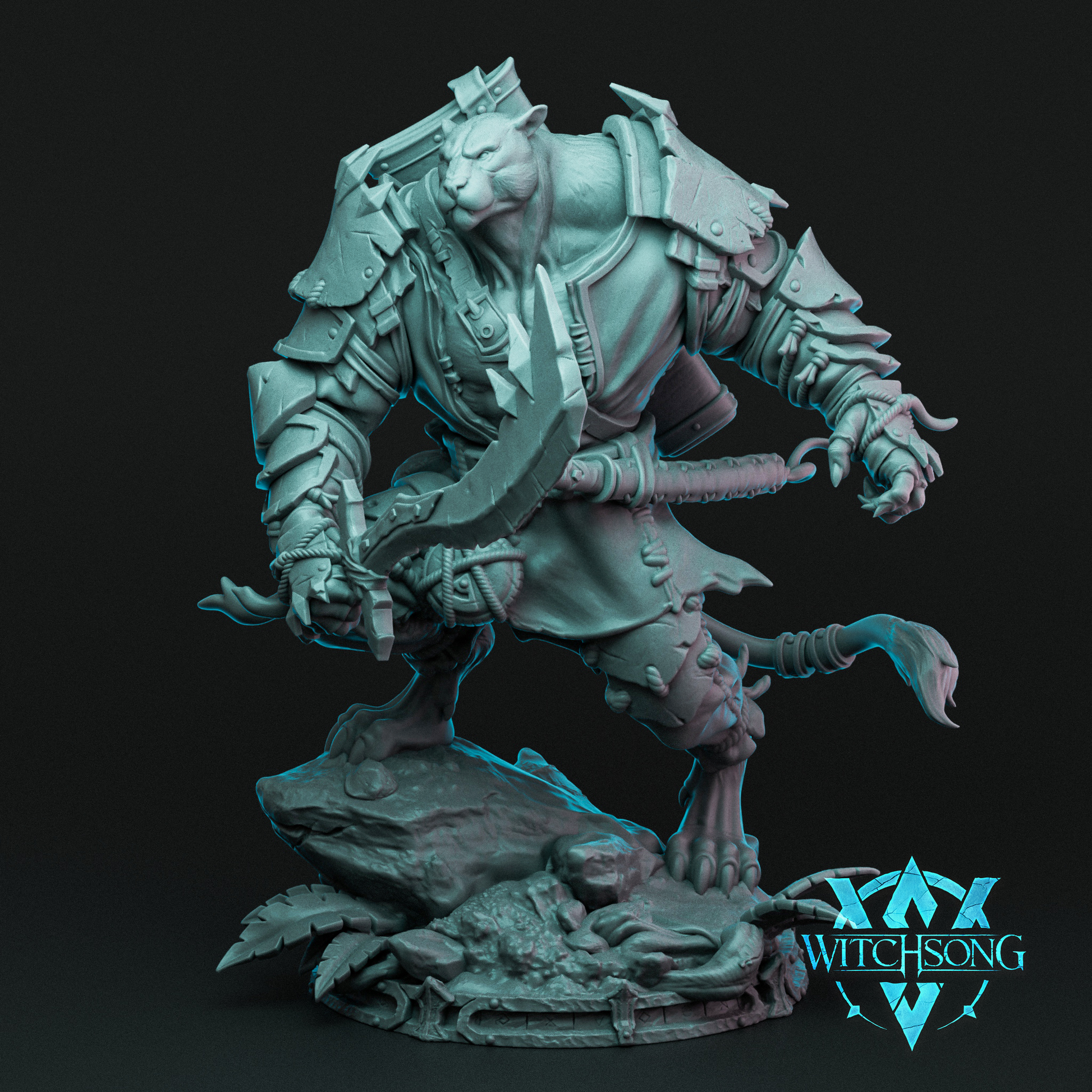 Fantasy figurine with armor and weapons on a dark background, featuring the brand 'Witchsong'.