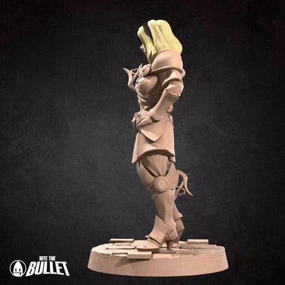 Detailed image of Luminosity Lady D&D TTRPG miniature by Tattles Told 3D, featuring a luminous fantasy female character with intricate armor.