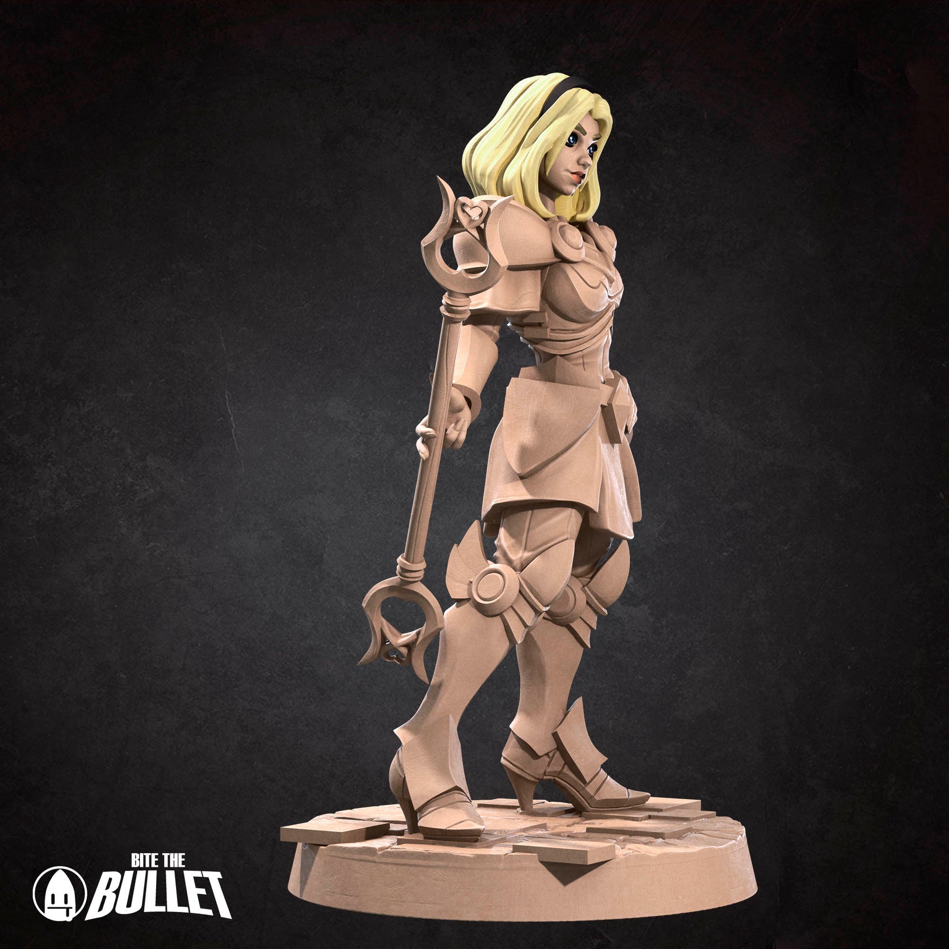 Luminosity Lady D&D TTRPG miniature by Tattles Told 3D, detailed female character with glowing armor and fantasy armor design.