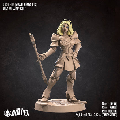 Luminosity Lady D&D TTRPG miniature by Tattles Told 3D, featuring a detailed fantasy character with glowing elements.