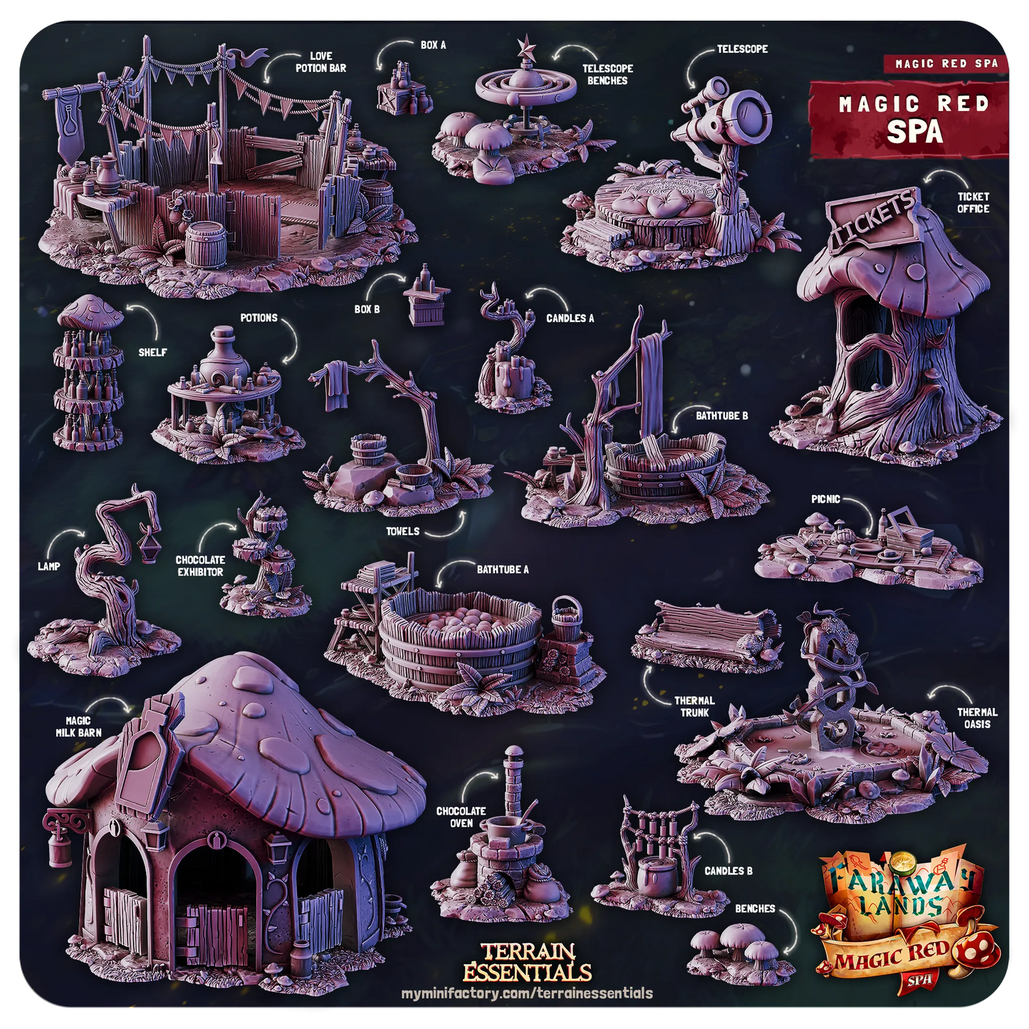 Red Magic Spa Set, Valentine's Love | TTRPG Scatter Diorama Dollhouse Miniature | Terrain Essentials