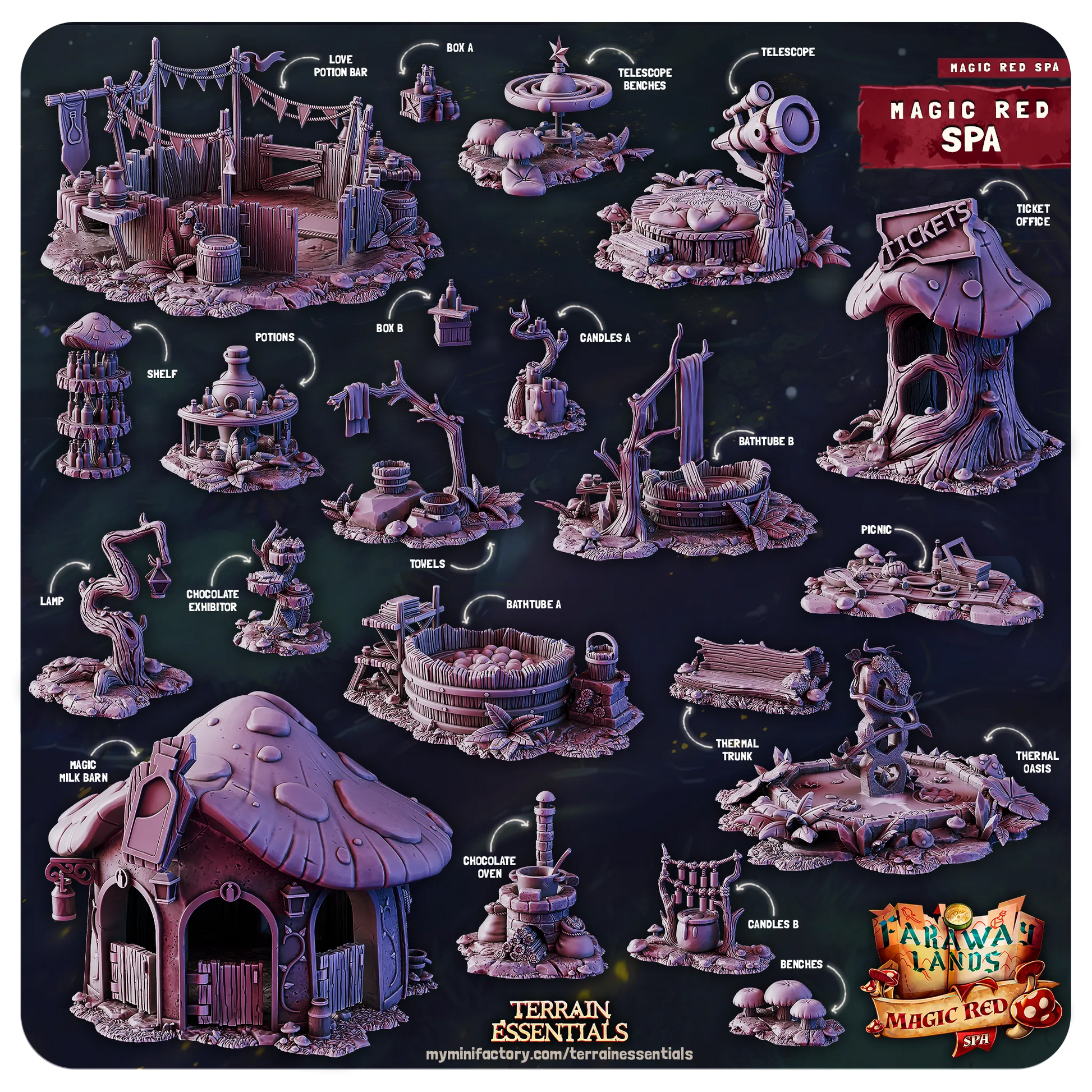 Red Magic Spa Set, Valentine's Love | TTRPG Scatter Diorama Dollhouse Miniature | Terrain Essentials