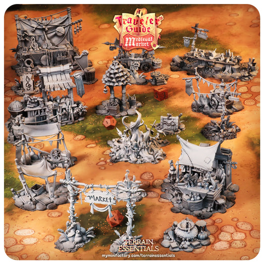 Medieval Market Set | TTRPG Scatter Diorama Dollhouse Miniature | Terrain Essentials