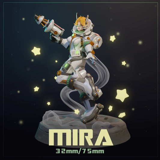 Model figure of a character named MIRA with glowing stars on a dark background