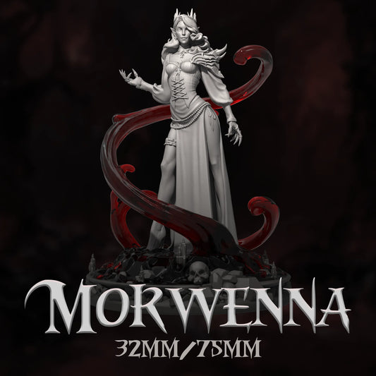Statue of a fantasy character named Morwenna with red accents on a dark background