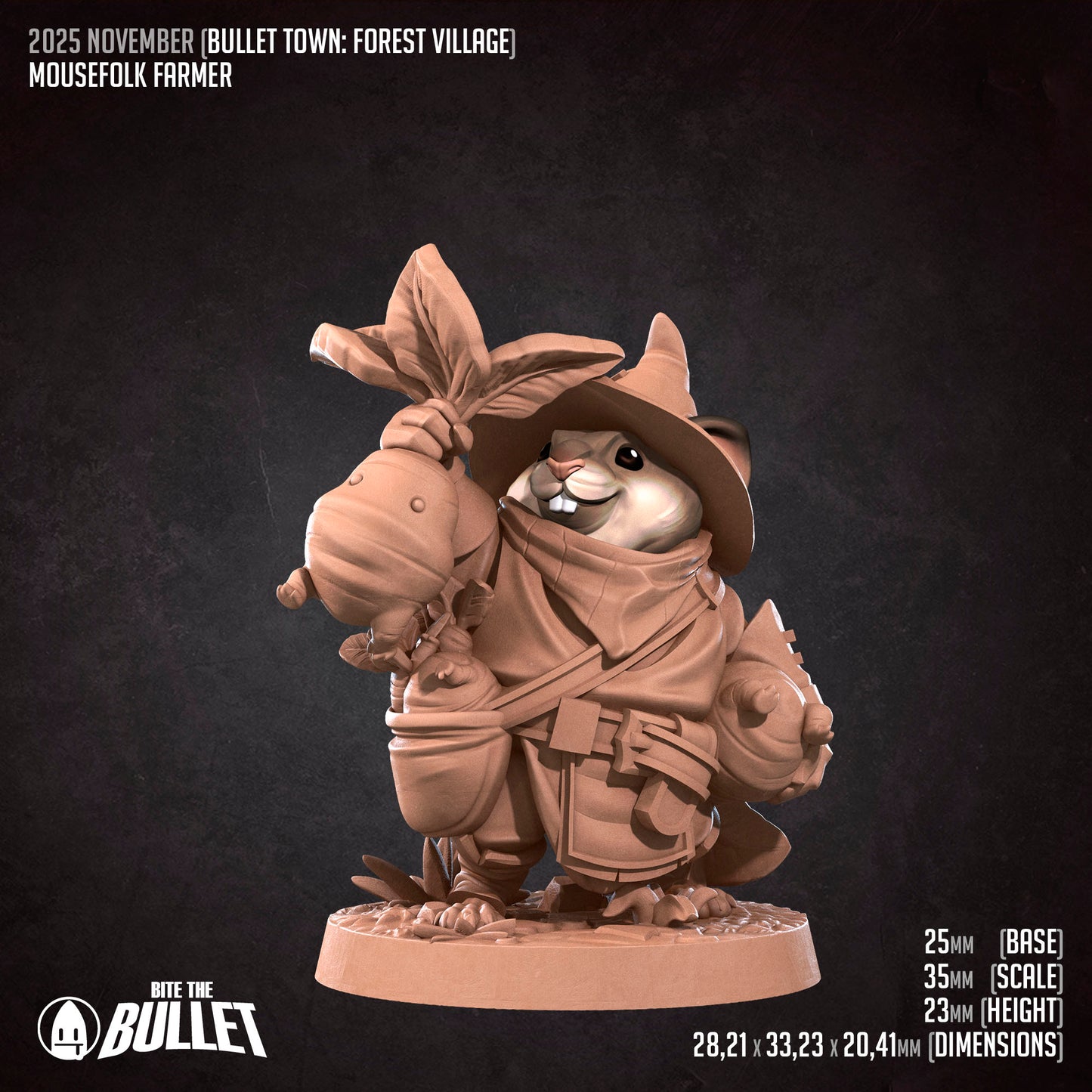 Bullet Town Forest Village, Mousefolk Farmer | D&D Pathfinder TTRPG Miniature | Bite the Bullet