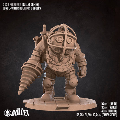 Underwater Duet D&D miniature by Tattles Told 3D featuring two characters, one holding a sword and the other with a shield.