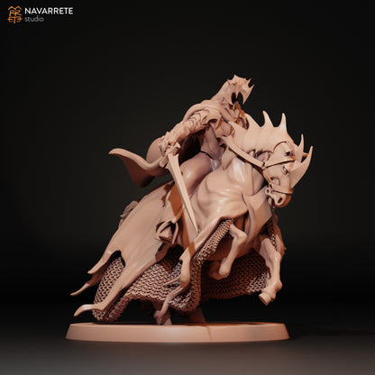 Detailed image of The Dark Lieutenant tabletop gaming miniature on horseback by Tattles Told 3D, showing intricate armor and weapon details.