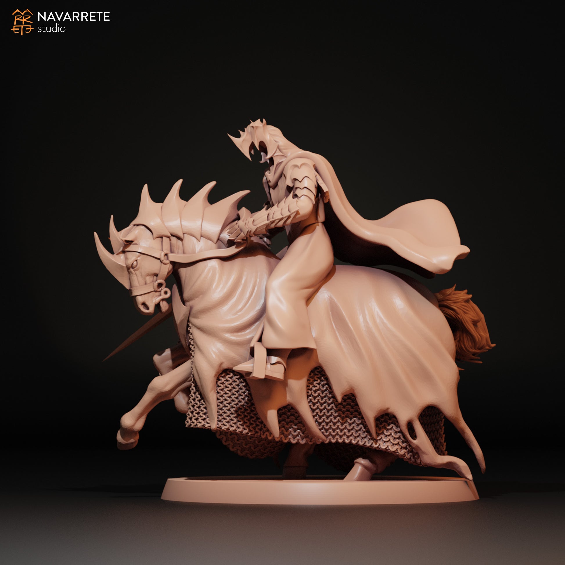 Detailed image of The Dark Lieutenant tabletop gaming miniature on horseback by Tattles Told 3D, featuring dark armor and a commanding pose.