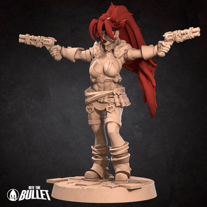 Detailed image of the Exxotic Outlaw Mercenary miniature by Tattles Told 3D, a tabletop gaming resin figurine with pinup style design.