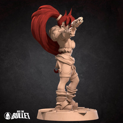 Close-up of the Exxotic Outlaw Mercenary tabletop resin miniature by Tattles Told 3D, featuring detailed pinup design and gear.