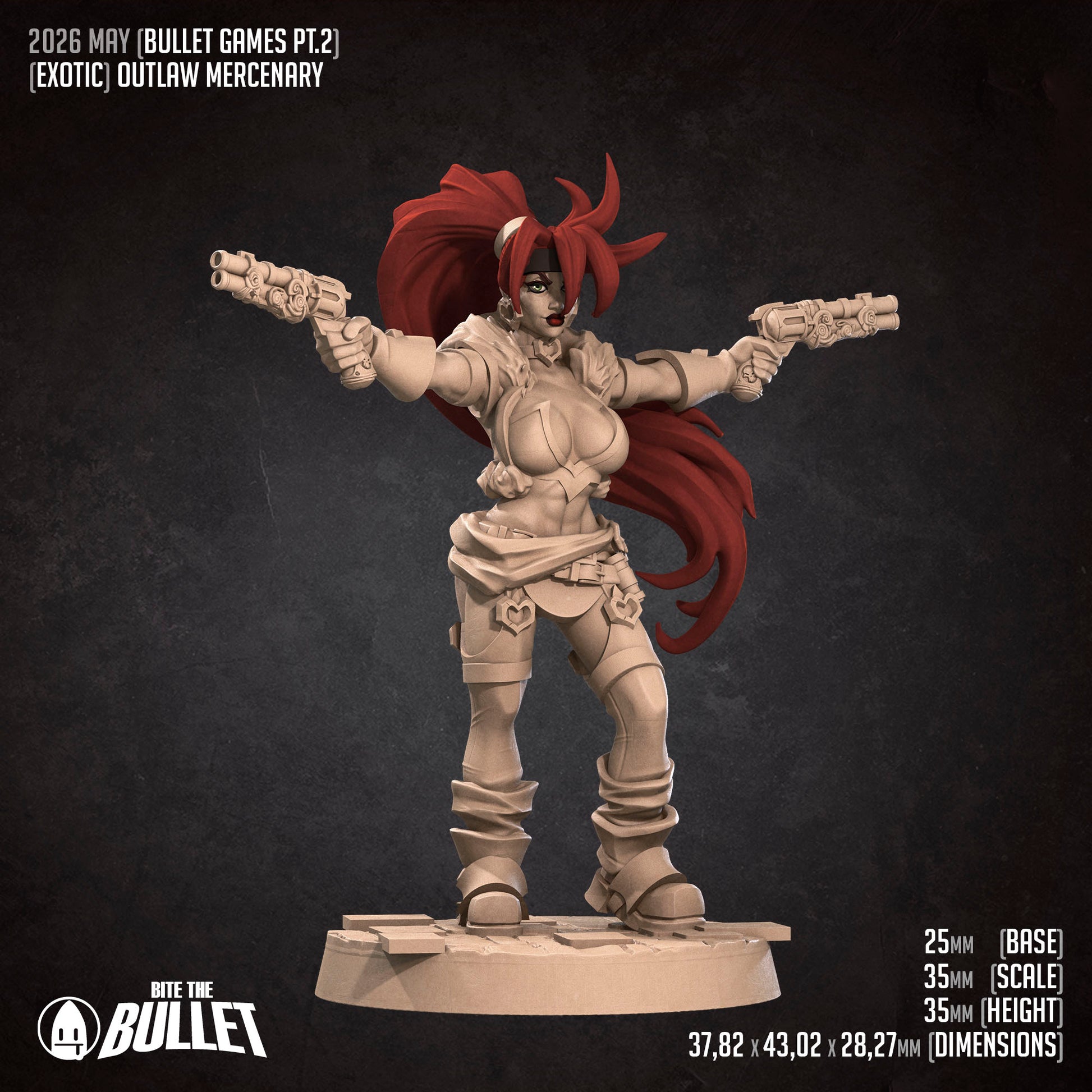 Detailed resin miniature of the Exxotic Outlaw Mercenary from Tattles Told 3D, tabletop gaming scale, shown from front view.