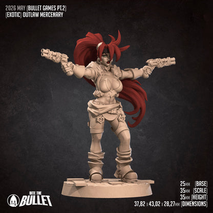Detailed resin miniature of the Exxotic Outlaw Mercenary from Tattles Told 3D, tabletop gaming scale, shown from front view.