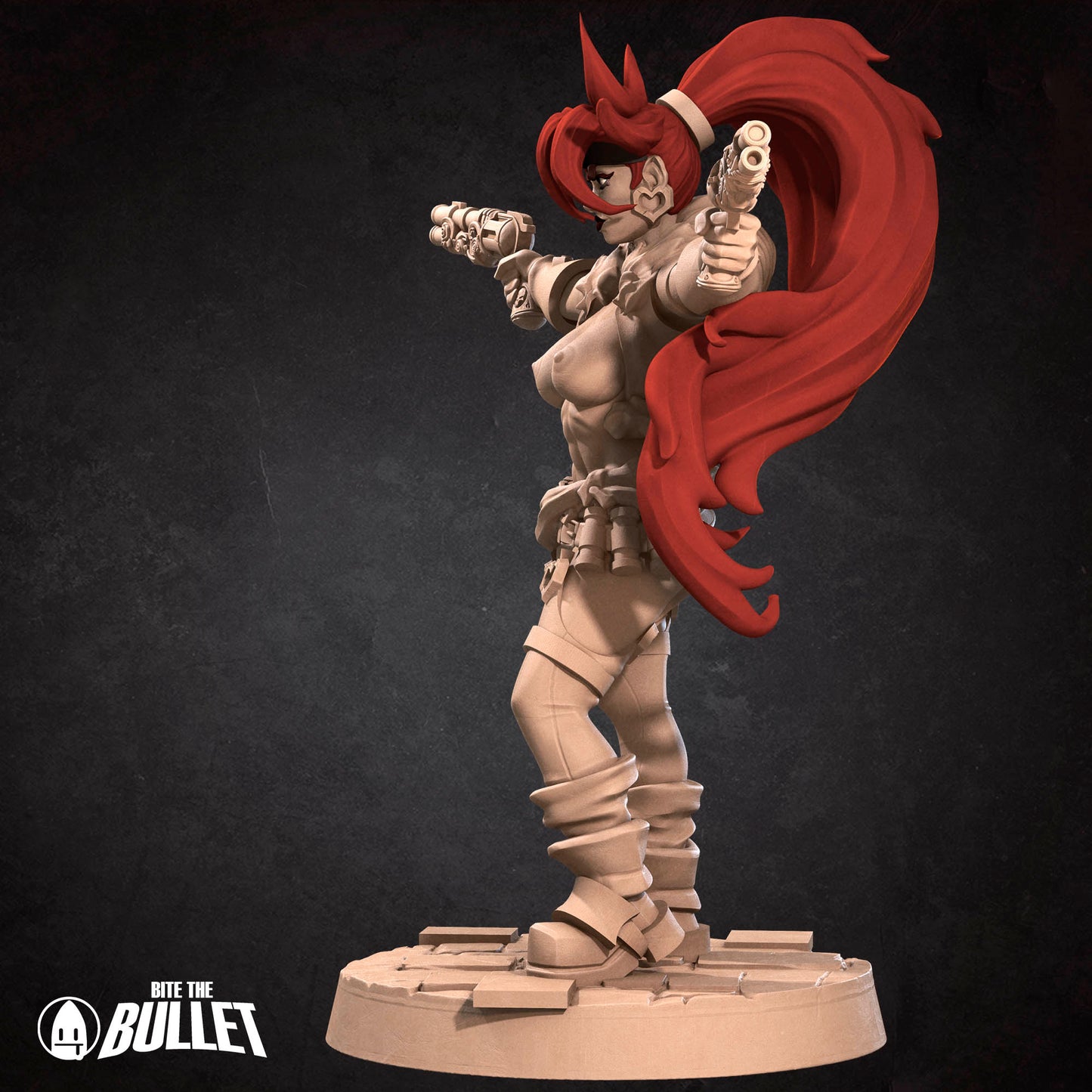 Resin miniature of the Exxotic Outlaw Mercenary from Tattles Told 3D, tabletop gaming figure, SFW and NSFW versions, detailed design.