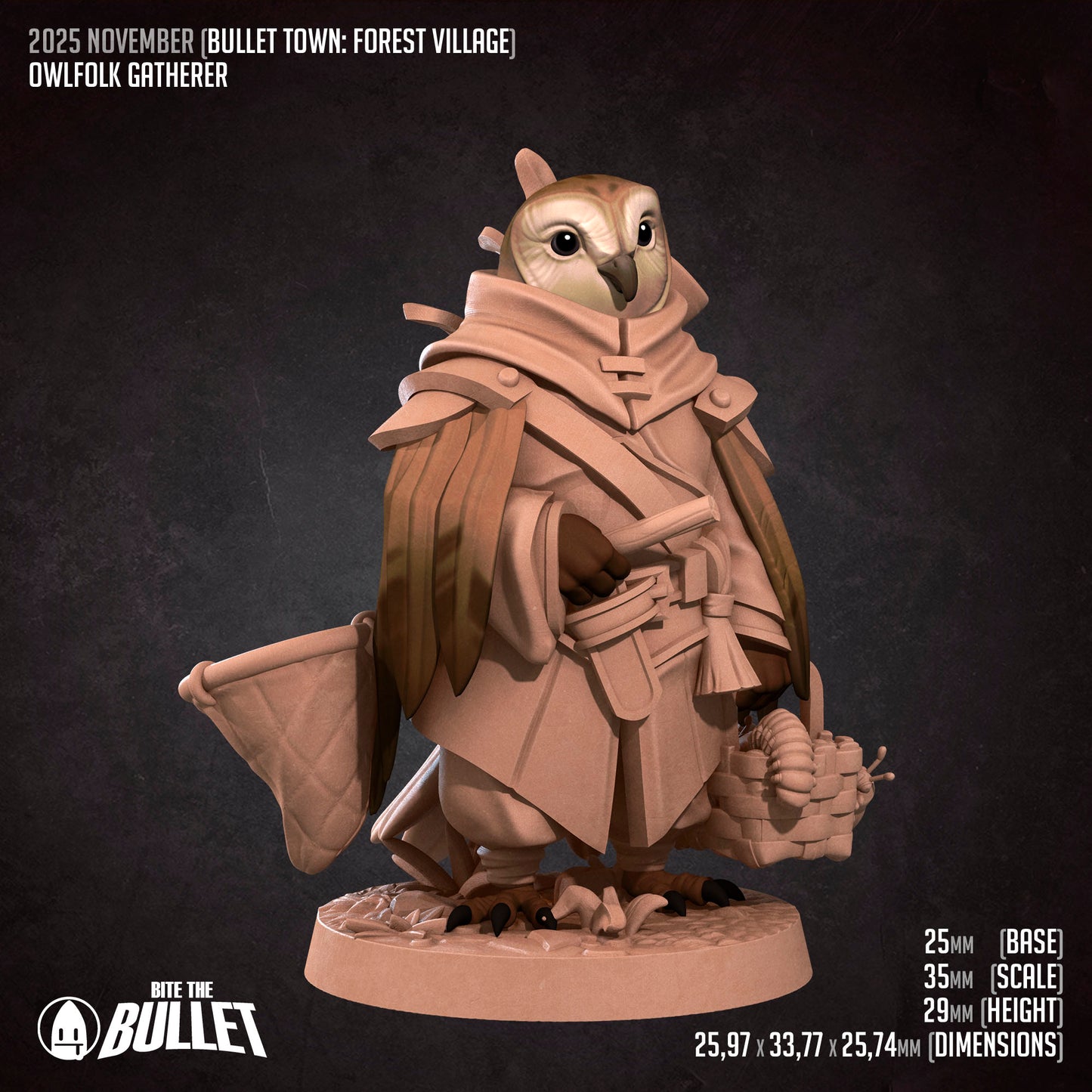 Bullet Town Forest Village, Owlfolk Gatherer | D&D Pathfinder TTRPG Miniature | Bite the Bullet