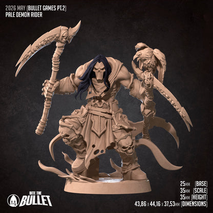 Pale Demon Rider D&D miniature by Tattles Told 3D showing a detailed fantasy demon with a rider on a dark horse.