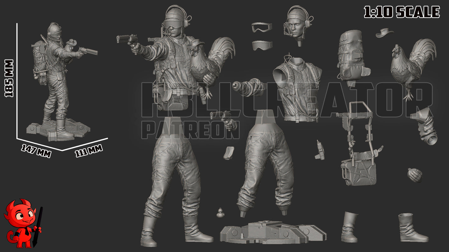 Resin garage kit figure of Wasteland Raider Operative by Tattles Told 3D, showcasing detailed fan art design and rugged post-apocalyptic style.
