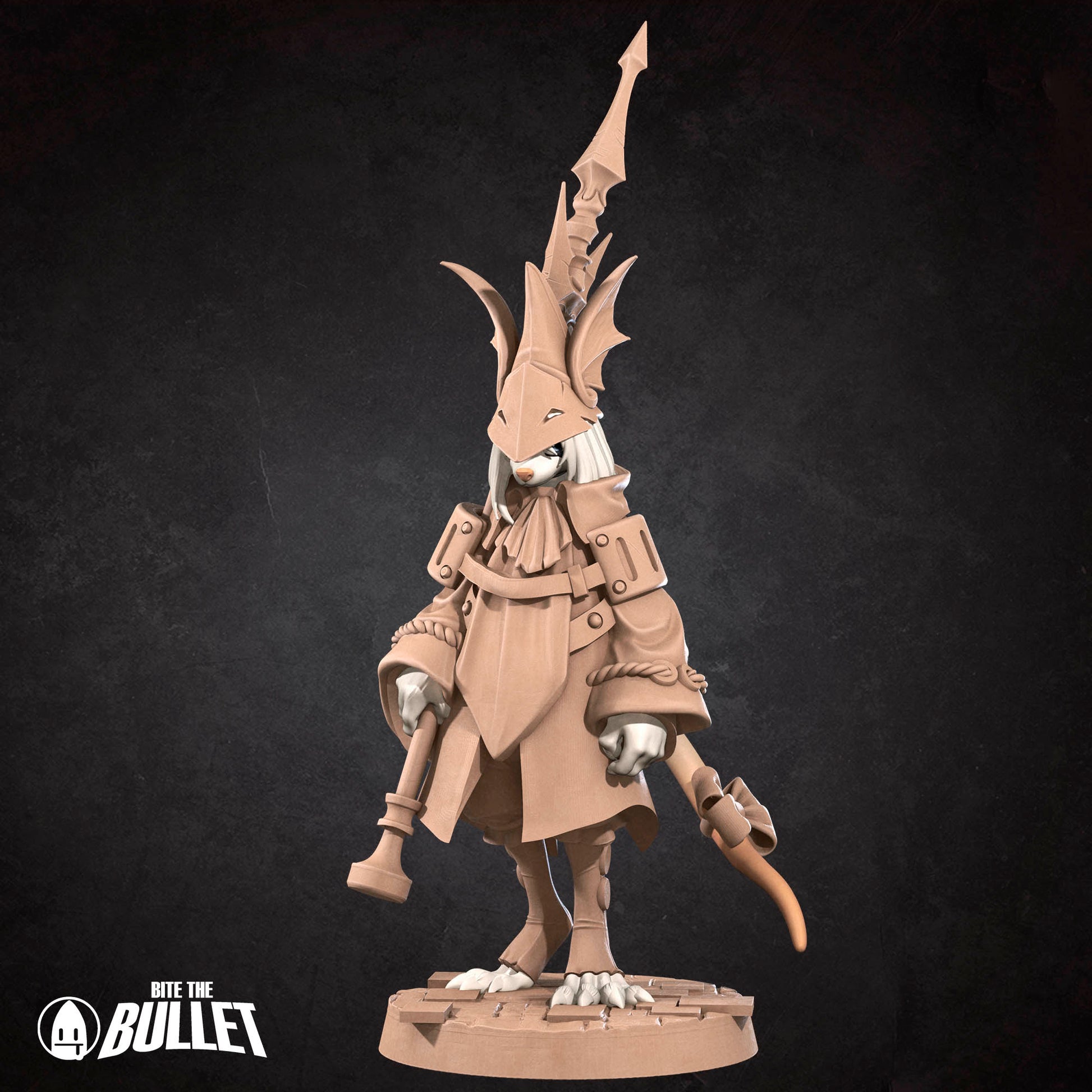 Detailed image of Tattles Told 3D Rat Knight miniature for D&D TTRPG, featuring a rat in knight armor on a detailed base.