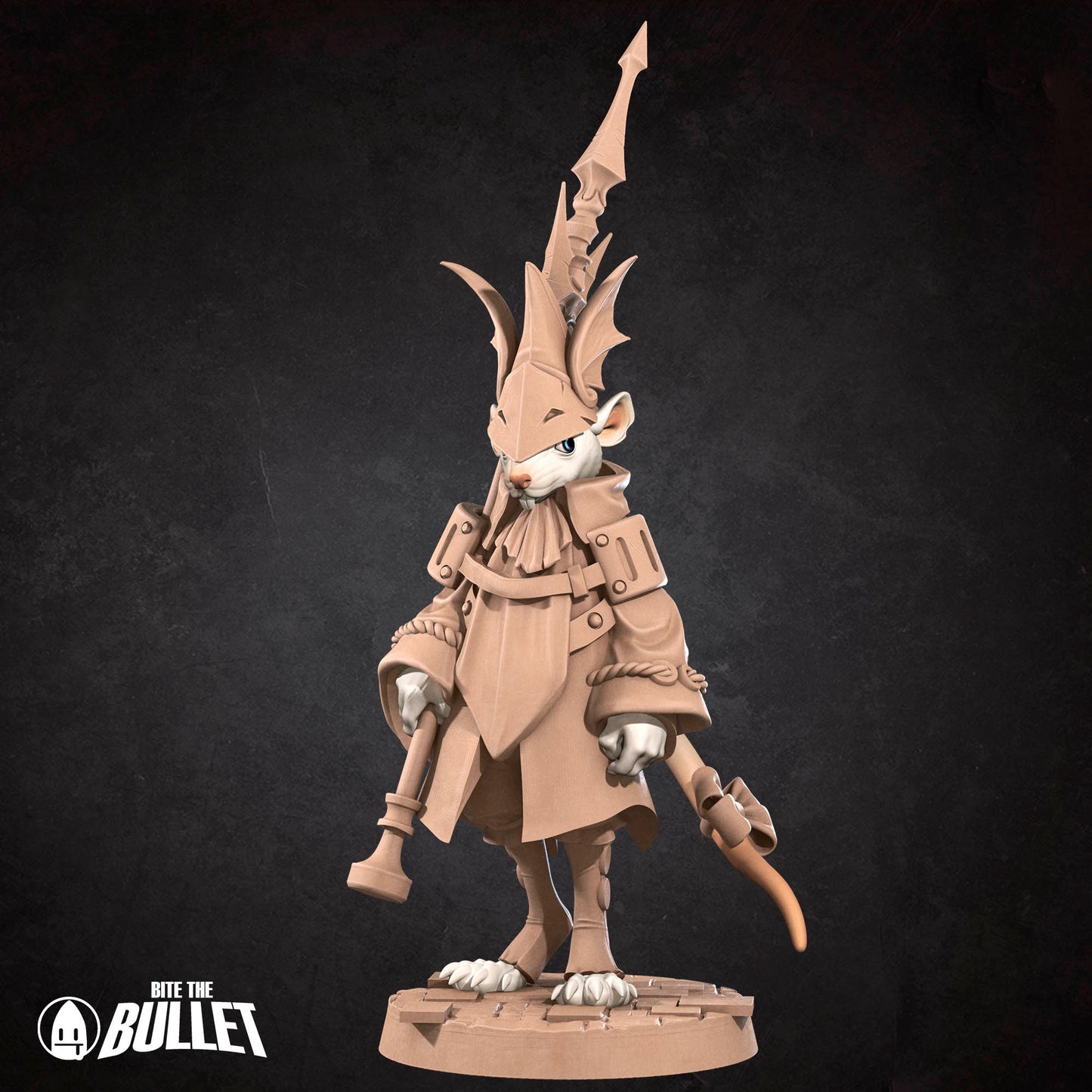 D&D Rat Knight miniature by Tattles Told 3D featuring a detailed rat in knight armor, suitable for tabletop role-playing games.