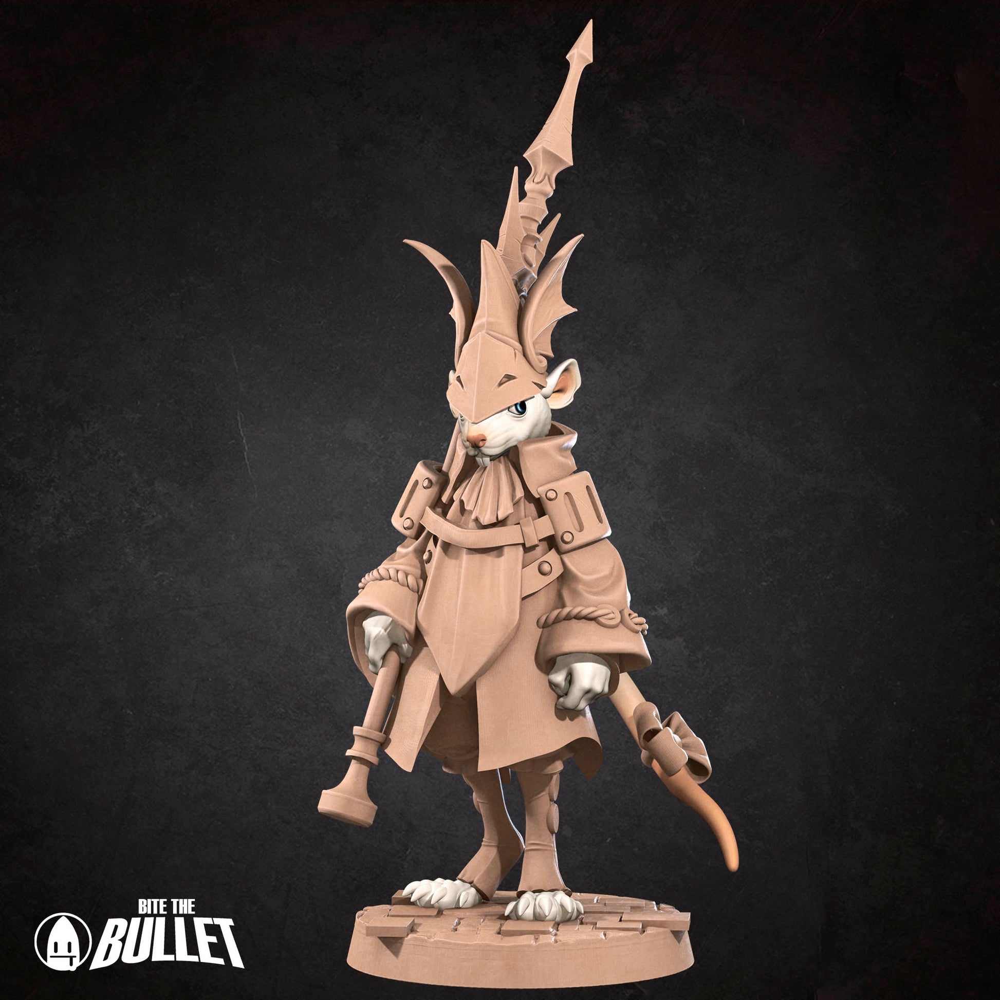 D&D Rat Knight miniature by Tattles Told 3D featuring a detailed rat in knight armor, suitable for tabletop role-playing games.