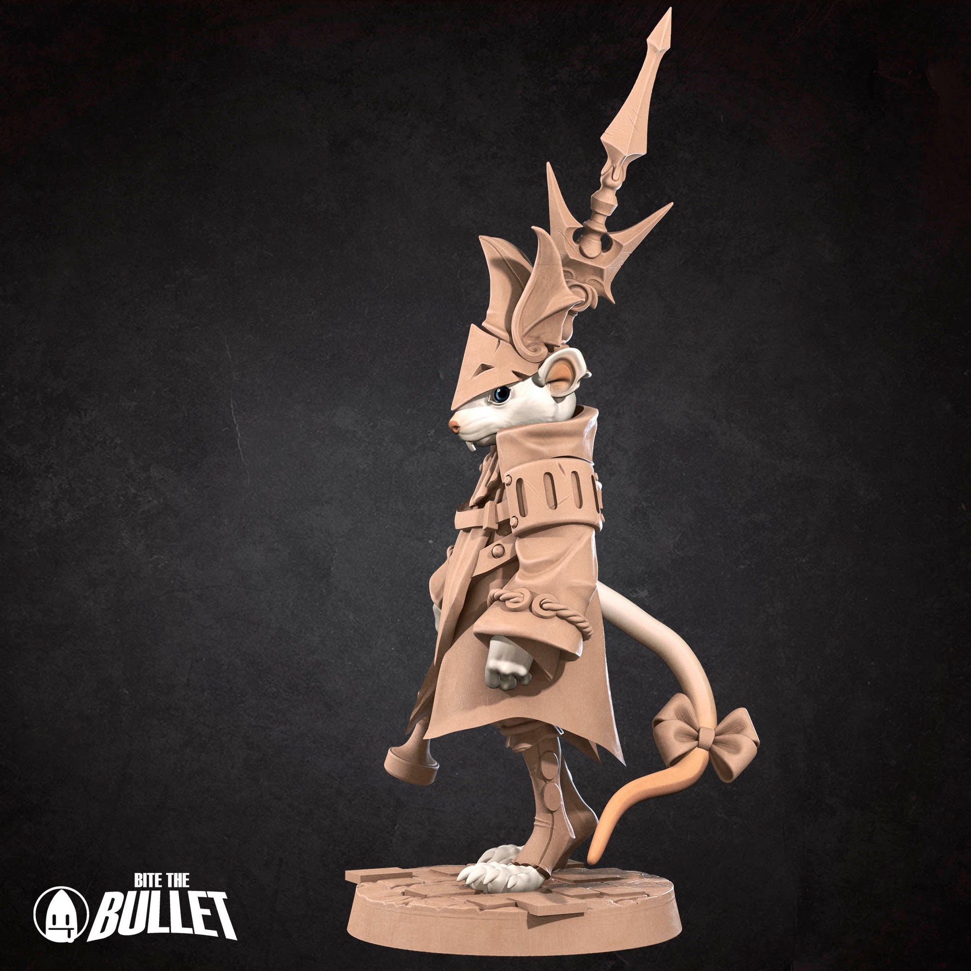 Detailed image of a Rat Knight D&D TTRPG miniature by Tattles Told 3D, featuring a rat in knight armor wielding a sword.