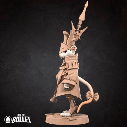 Detailed image of a Rat Knight D&D TTRPG miniature by Tattles Told 3D, featuring a rat in knight armor wielding a sword.