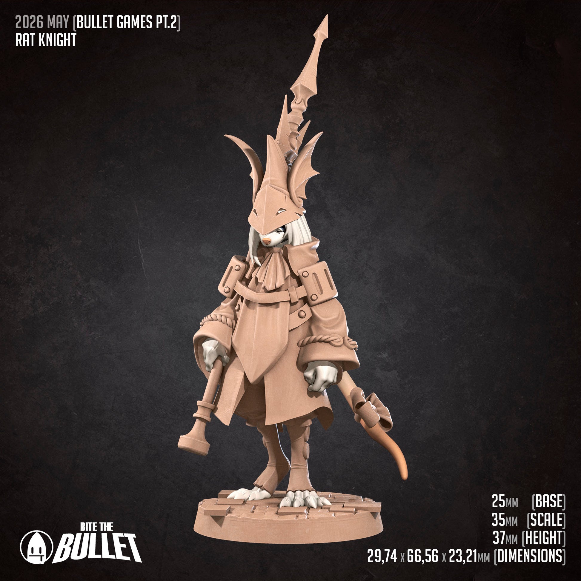 Detailed image of Tattles Told 3D Rat Knight miniature from Bite the Bullet D&D TTRPG set, showing a rat armored as a knight.