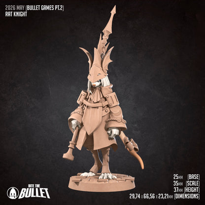 Detailed image of Tattles Told 3D Rat Knight miniature from Bite the Bullet D&D TTRPG set, showing a rat armored as a knight.