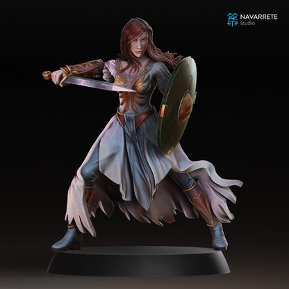 Render of Lyssandra, Daughter of Dusk tabletop gaming miniature by Tattles Told 3D, featuring a detailed character with dark armor and flowing cloak.