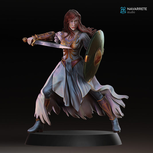 Render of Lyssandra, Daughter of Dusk tabletop gaming miniature by Tattles Told 3D, featuring a detailed character with dark armor and flowing cloak.
